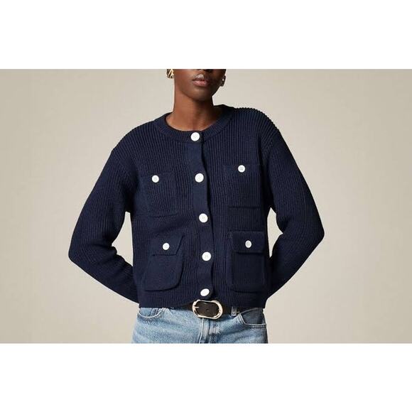 NWOT J. Crew Four Pocket Cardigan Thick Knit Navy Blue Cotton Blend XS Classic - Picture 2 of 8